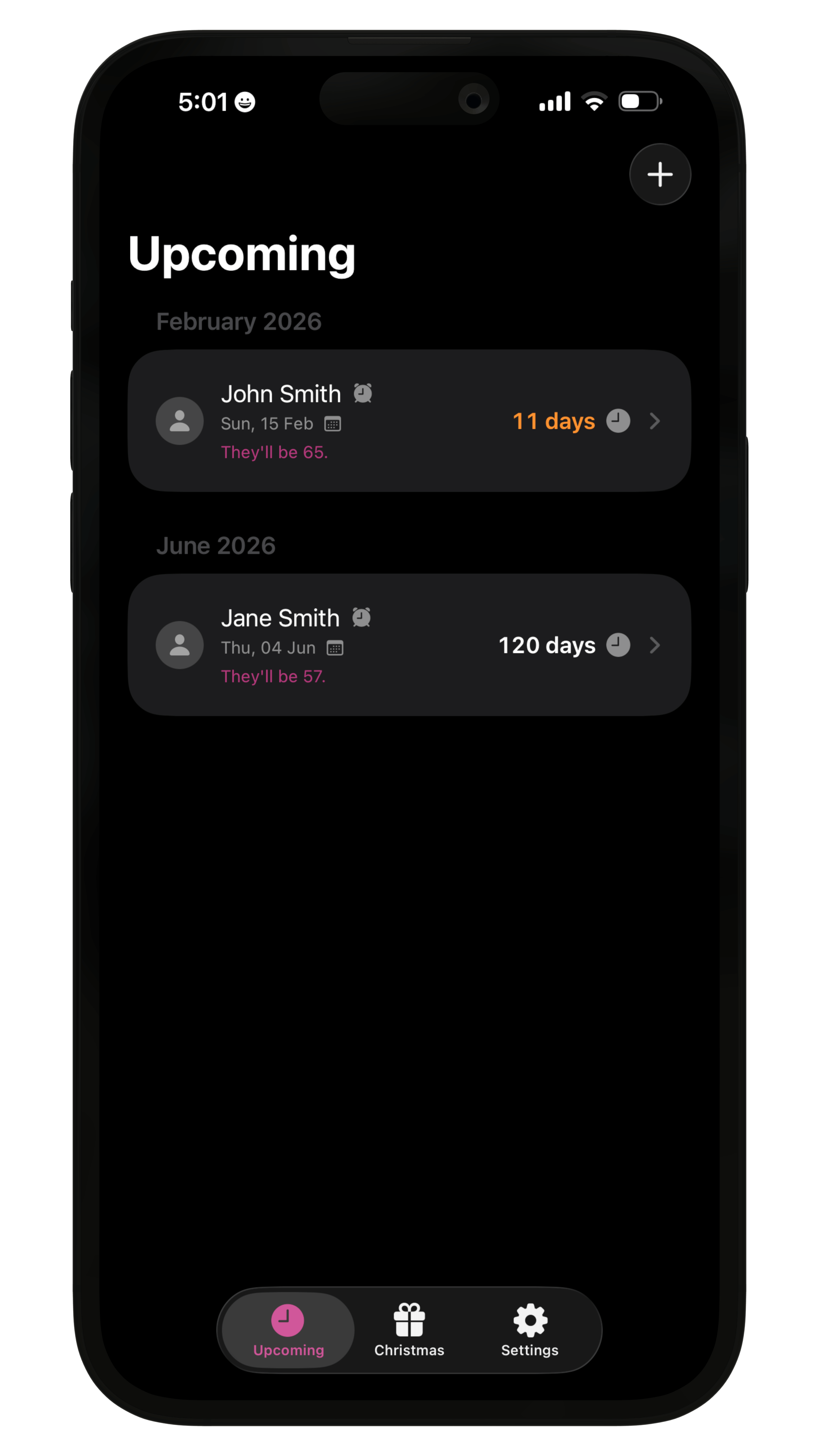 Candley app screenshot showing an upcoming birthdays list